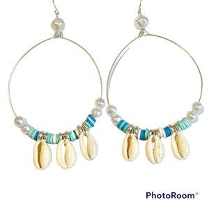 Silver Cowrie Shell White Freshwater Pearl Earrings Island Beach BIG Hoop Plated